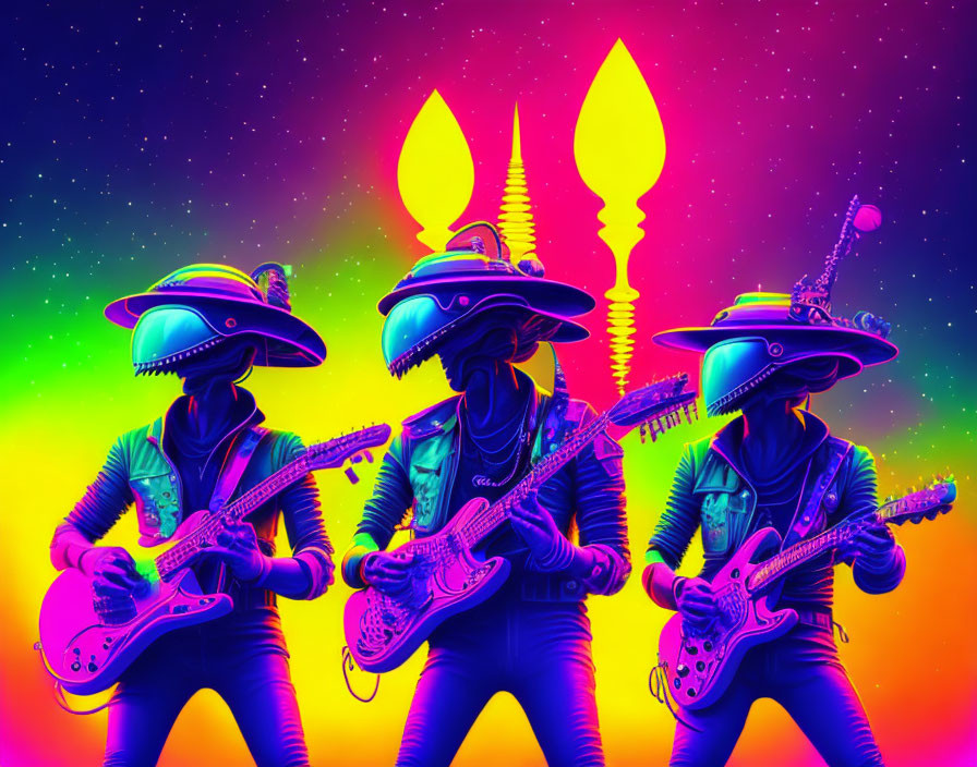 Neon anthropomorphic reptiles playing guitars in psychedelic scene