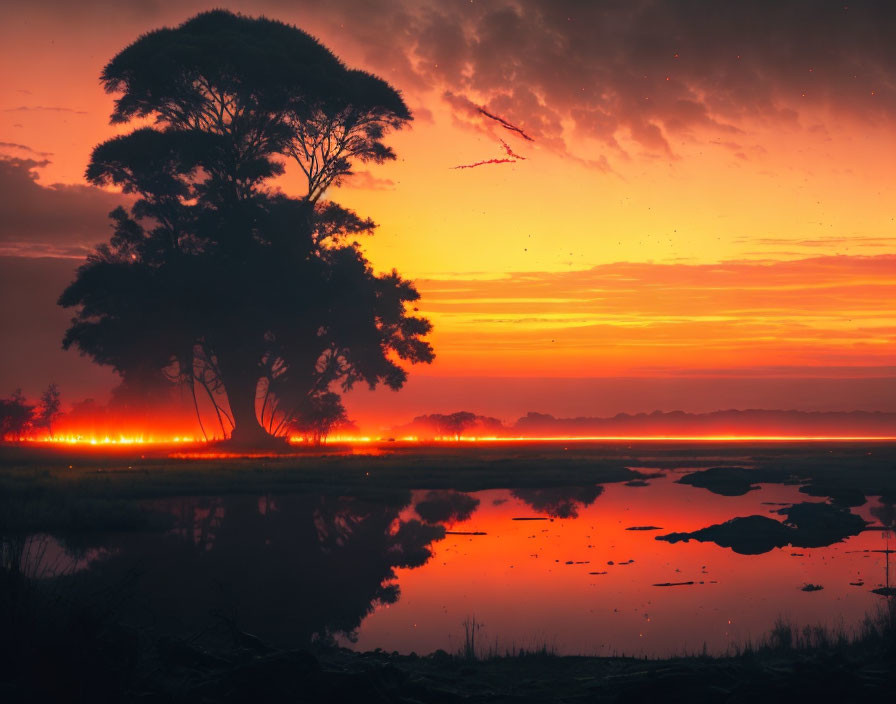 Large Tree Silhouette Against Vibrant Sunset Sky and Water Reflections