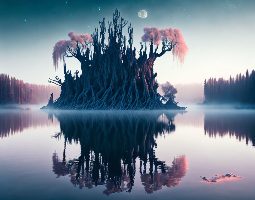 Misty Lake with Twisted Trees and a Dying Moon