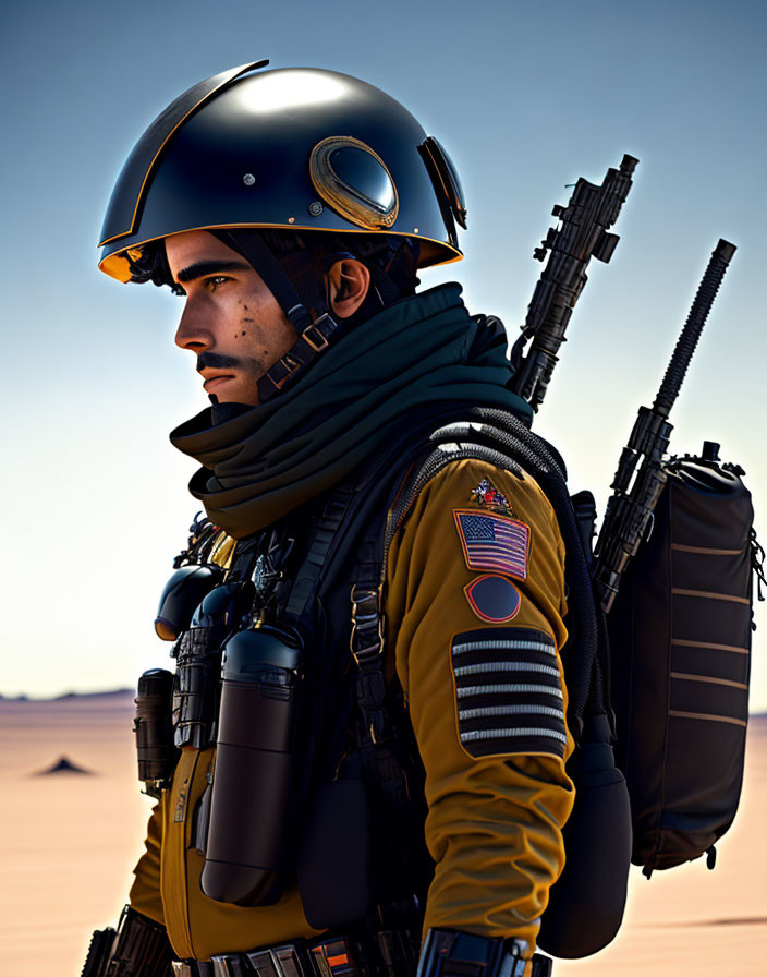 Person in Tactical Gear with Helmet Standing in Desert with Backpack and Rifle