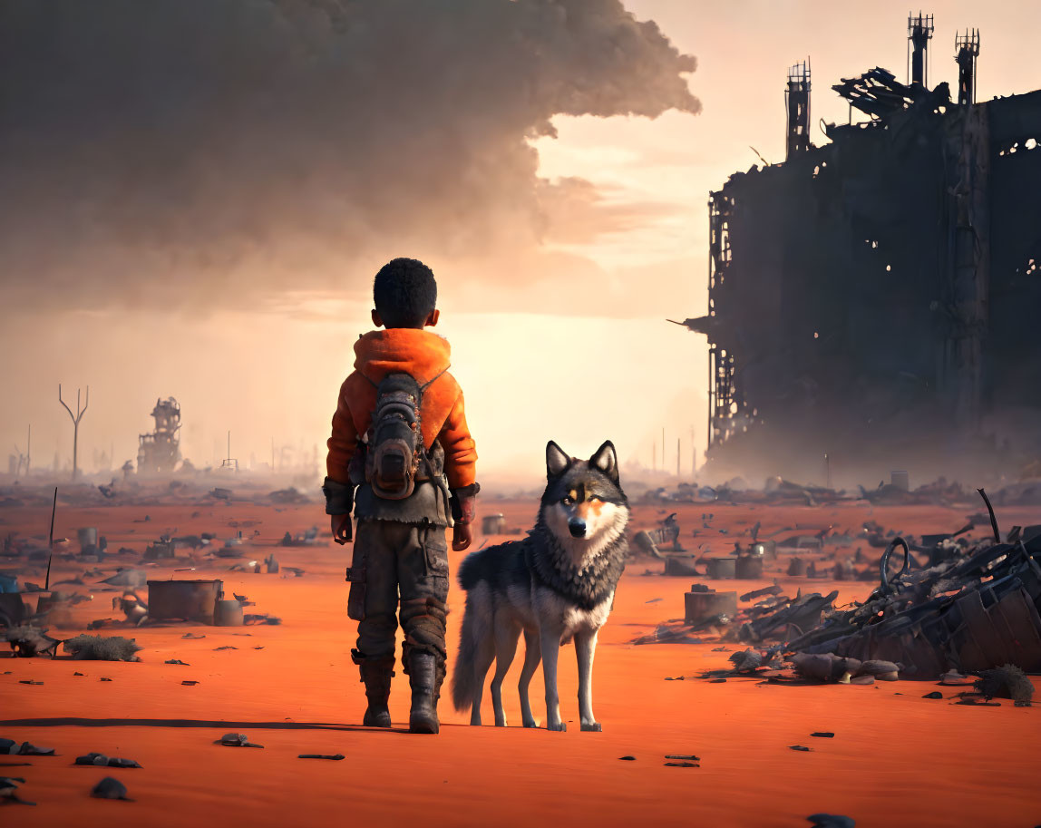 Child and husky in dystopian landscape with industrial ruins under orange sky.