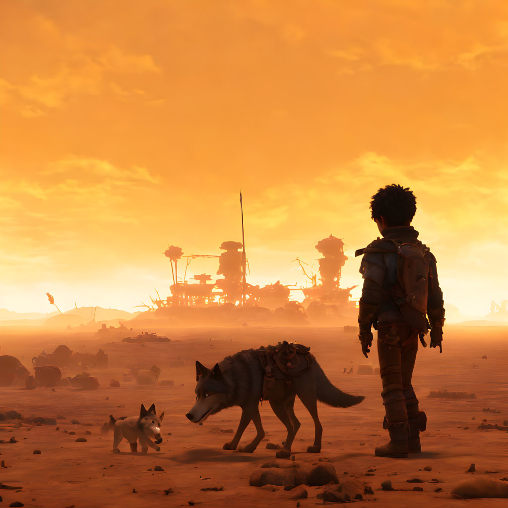 Person and dog in desolate futuristic landscape at sunset