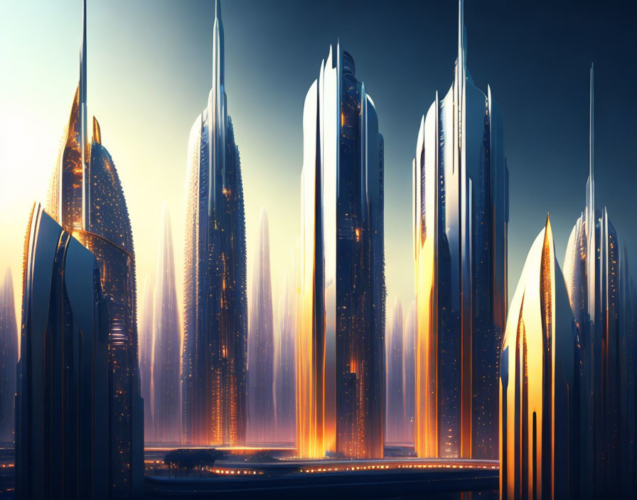 Futuristic cityscape with sleek skyscrapers at sunset