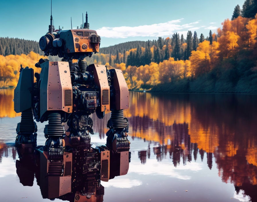 Giant robot in calm water reflecting autumn trees under clear sky