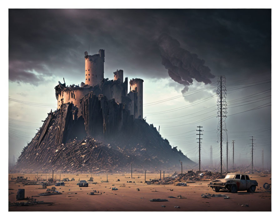 Desolate landscape with ruined tower, cars, debris, and pylons under cloudy sky