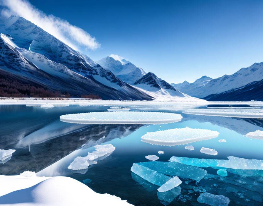 Icy Landscape with Floating Ice on Blue Lake & Snow-Covered Mountains