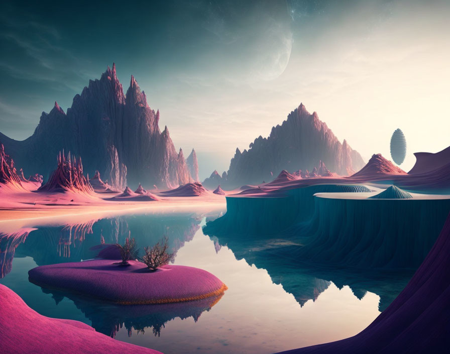 Alien Landscape: Pink Sand, Tranquil Waters, Rock Formations, Large Moon