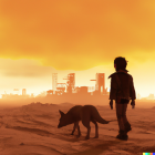 Person and dog in desolate futuristic landscape at sunset