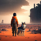 Child and husky in dystopian landscape with industrial ruins under orange sky.