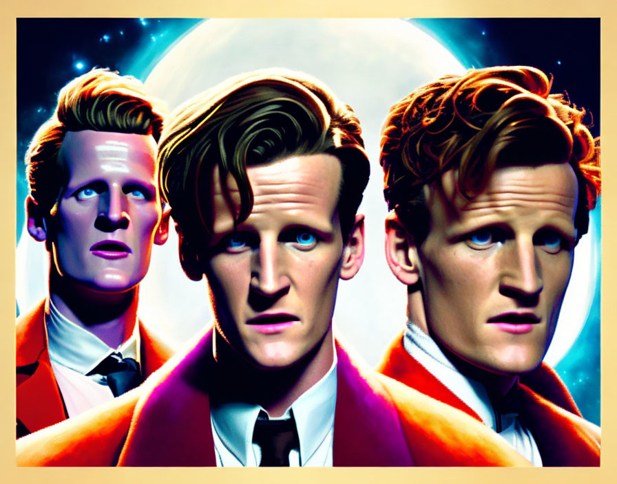 Three stylized artistic representations of man in suit with cosmic background
