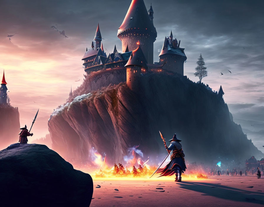 Fantasy battle scene near grand castle on cliff at twilight