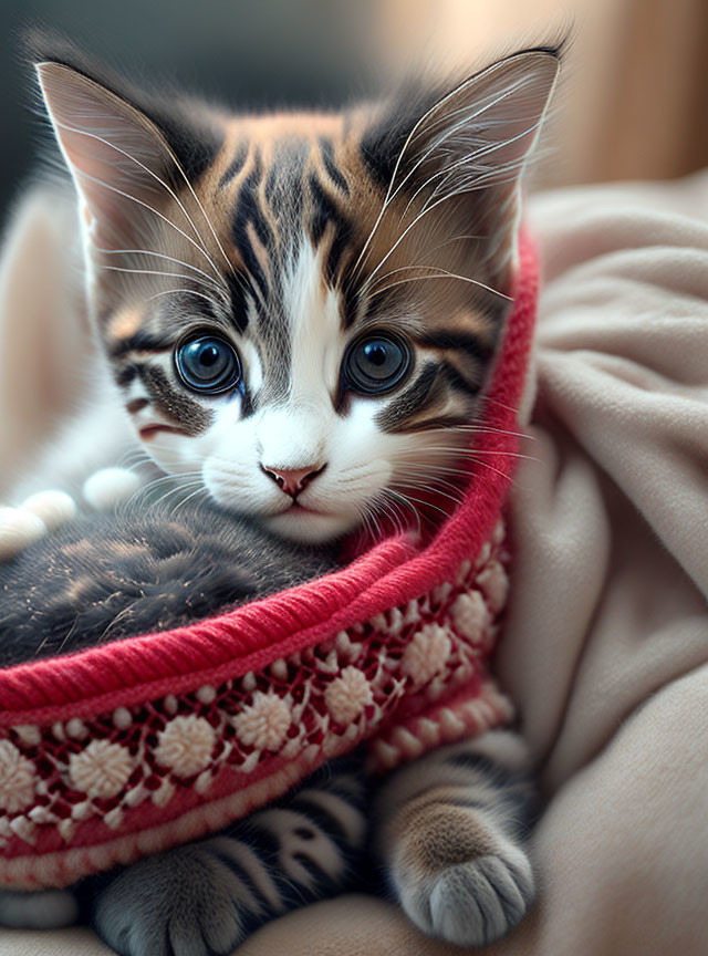 Tabby Kitten with Blue Eyes in Red Knitted Blanket