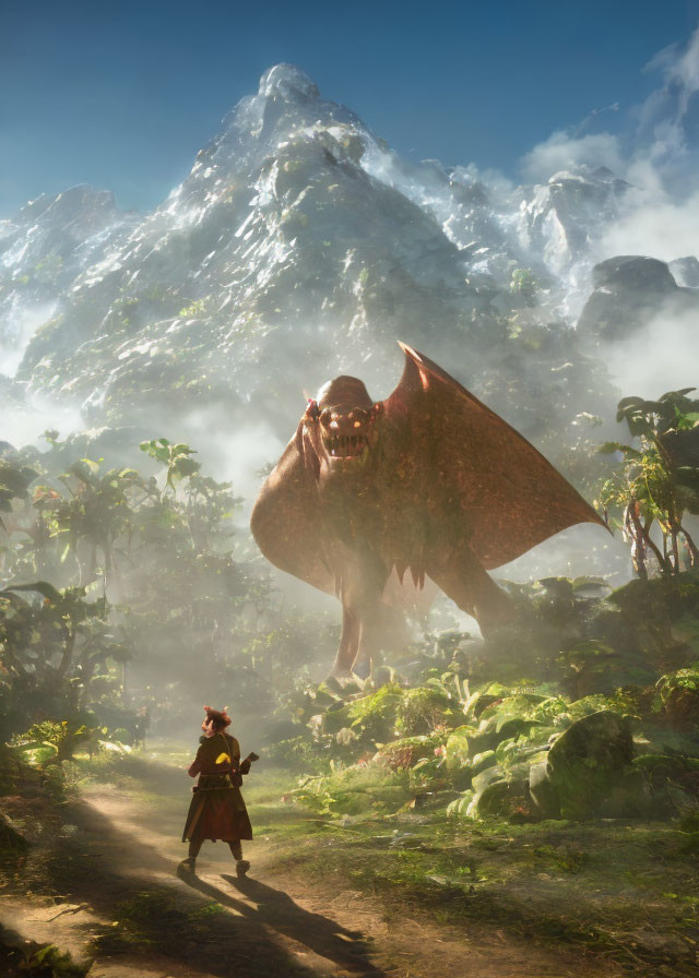 Person in red gazes at towering dragon in misty forest with mountains
