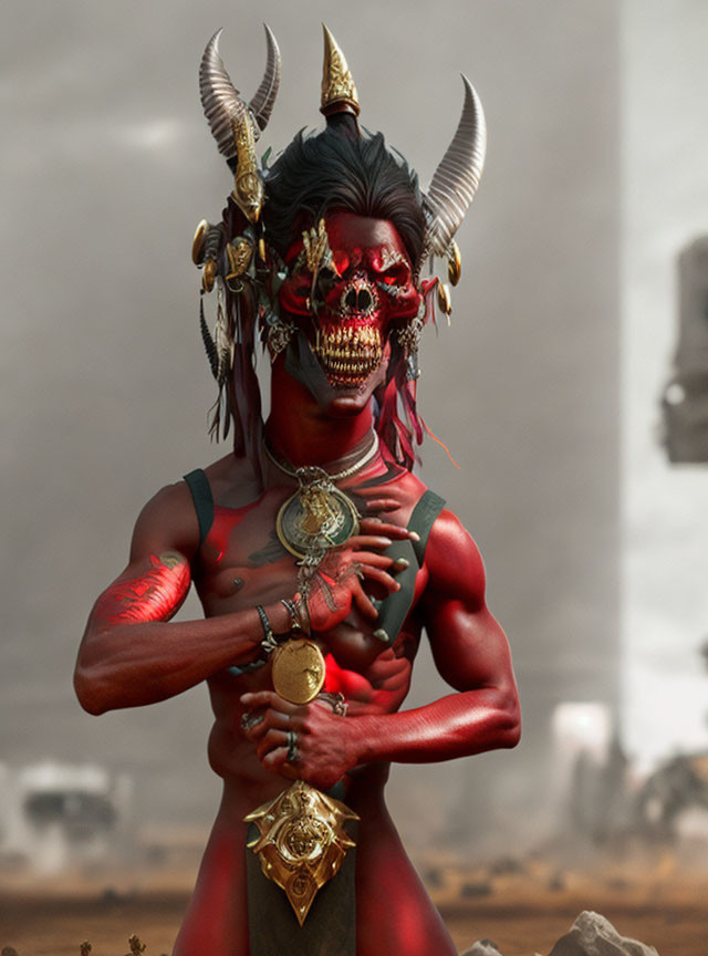 Red-skinned horned figure with tribal markings holding a medallion in dusty setting