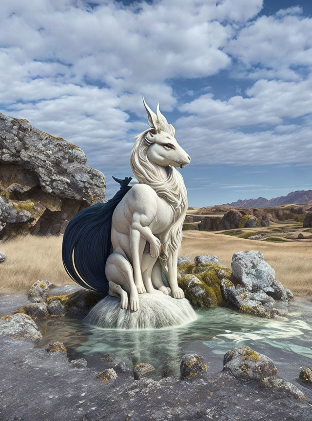 White Unicorn with Blue Mane Resting by Tranquil Pond in Rugged Landscape