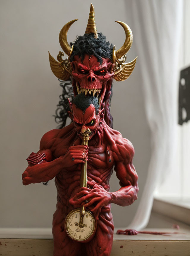 Detailed red demon figurine with smaller menacing figure, holding golden pocket watch
