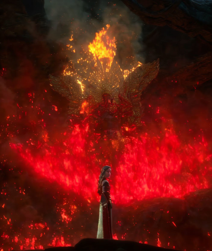 Character facing giant flaming bird in volcanic setting