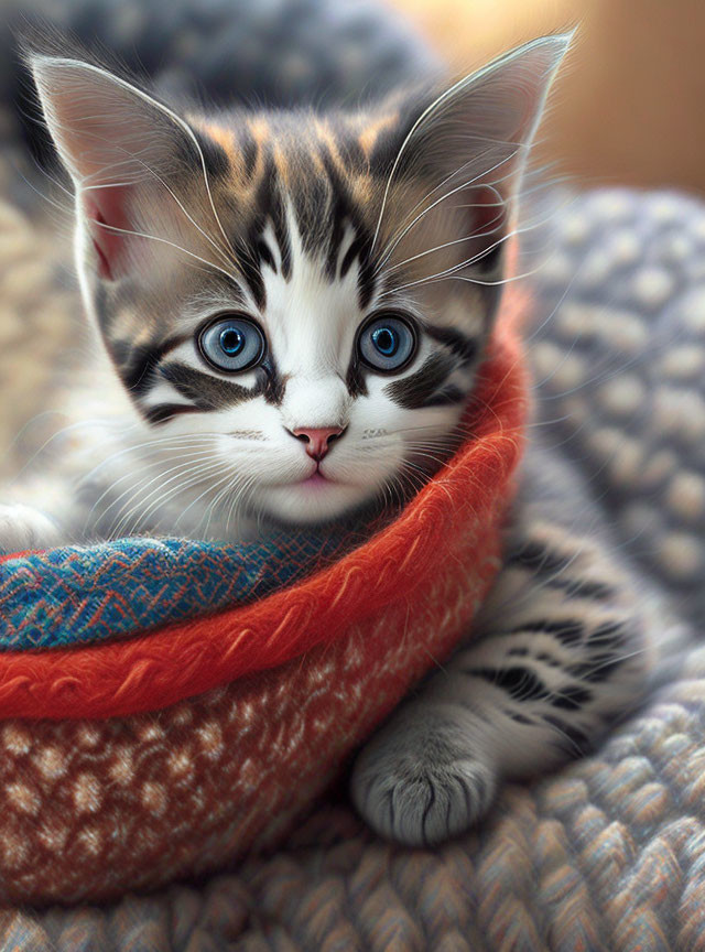Tabby Kitten with Blue Eyes on Orange and Blue Woven Blanket