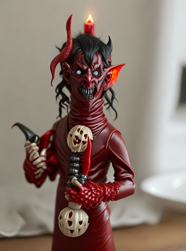 Red Demon Figurine with Glowing Eyes and Trident on Blurred Background