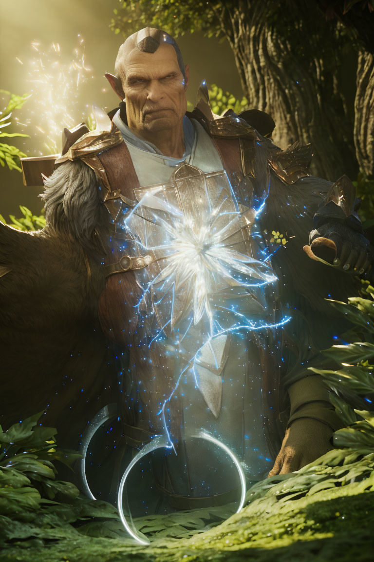 Fantasy character with horns and glowing magic in hand in forest setting