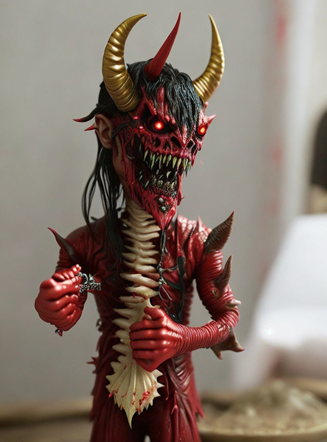 Detailed Red Demonic Creature Figurine with Glowing Eyes & Horns