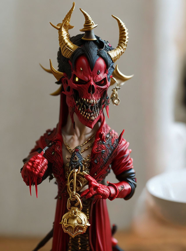 Detailed demonic figurine with red skin, golden horns, skull necklace, and ornate attire