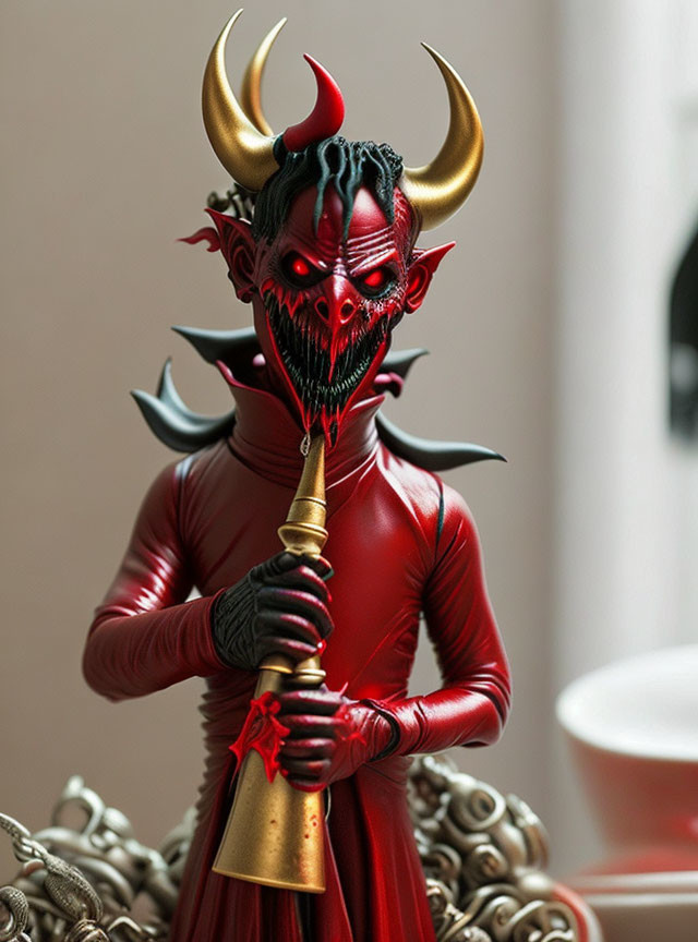 Red devil figure with trident, horns, and chains on blurred background