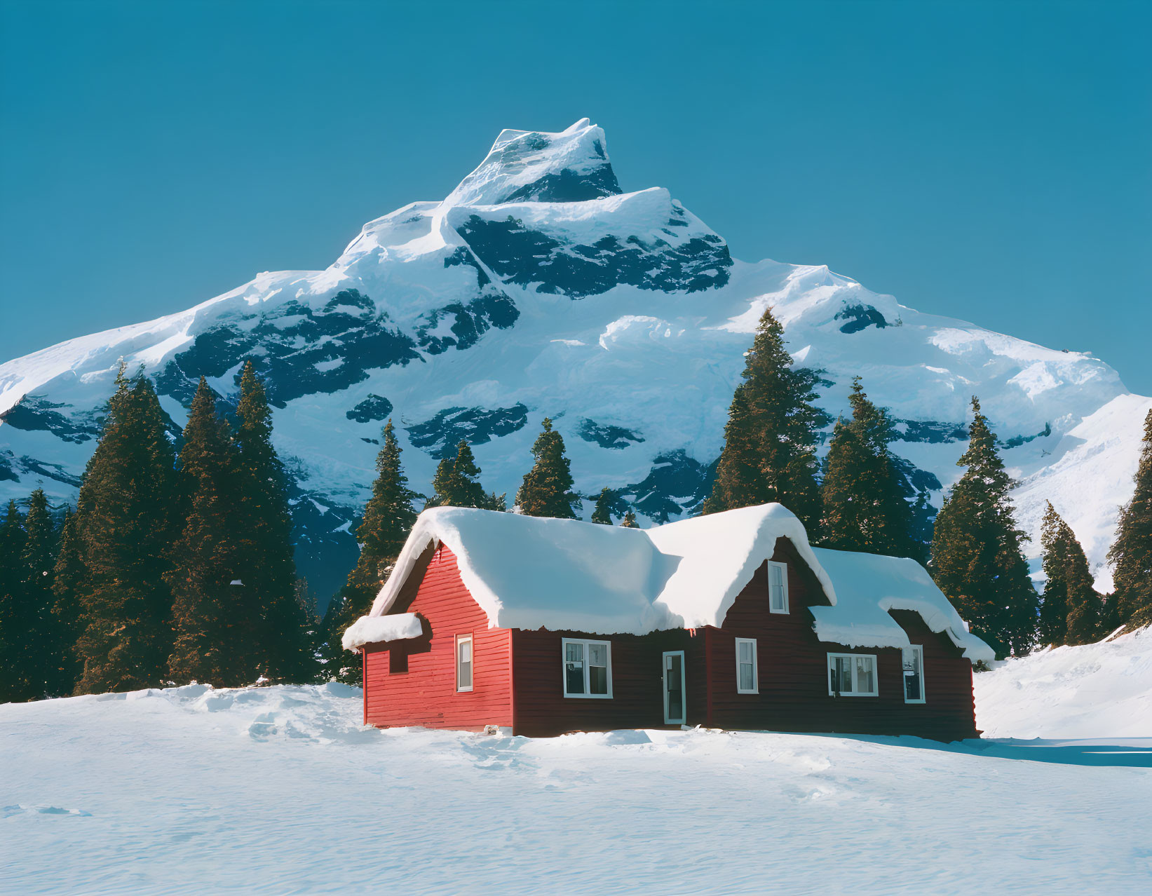Snowy mountain landscape with red cabin and evergreens