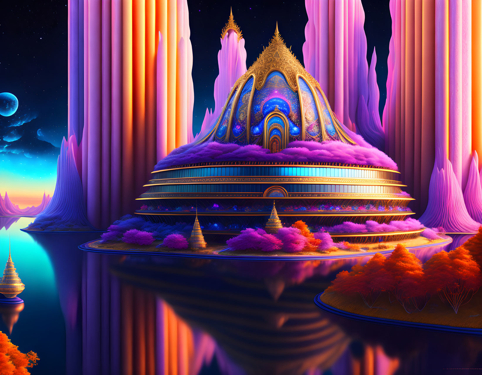 Colorful fantastical landscape with domed palace, neon flora, twilight sky.