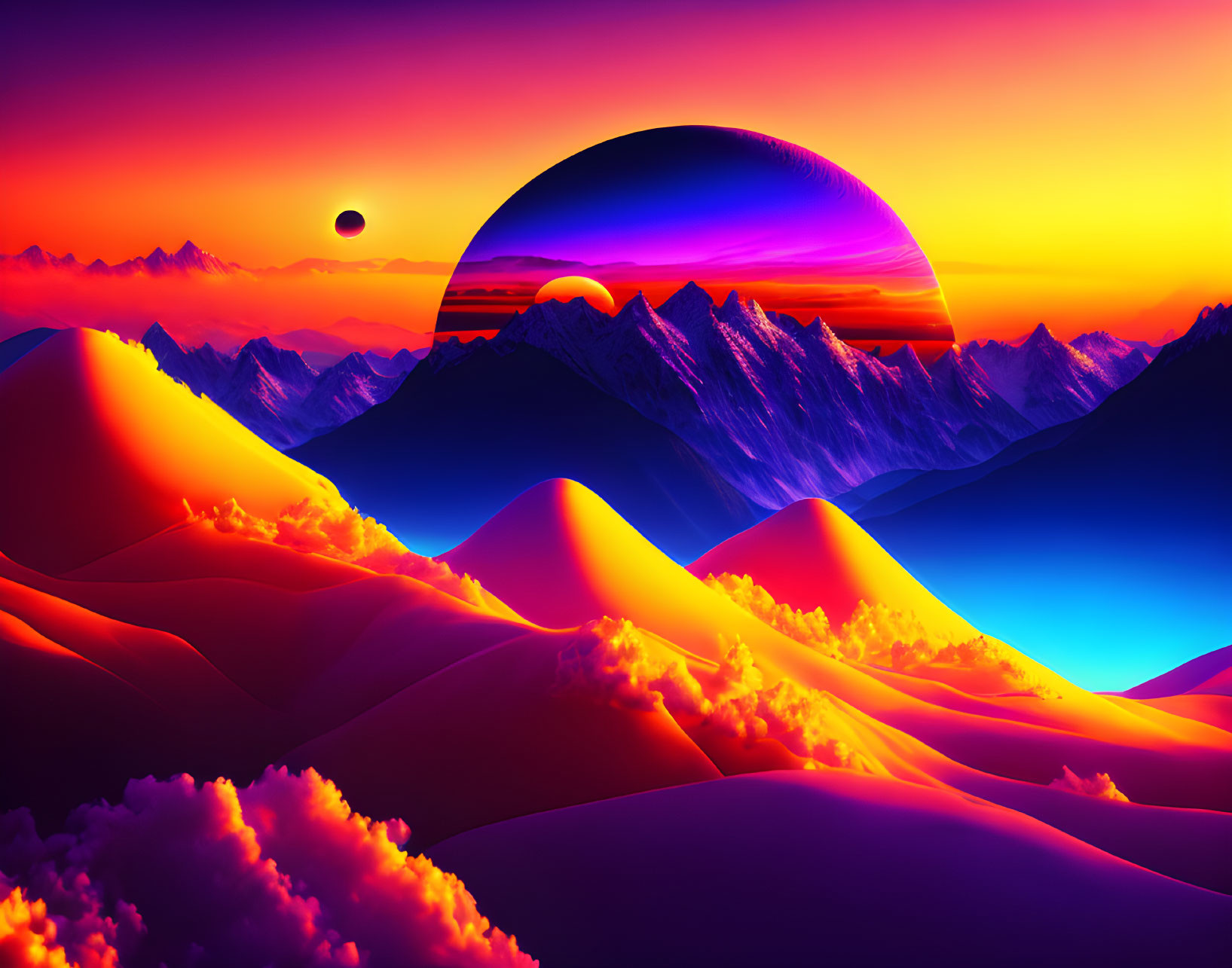 Surreal landscape with rolling dunes and setting sun