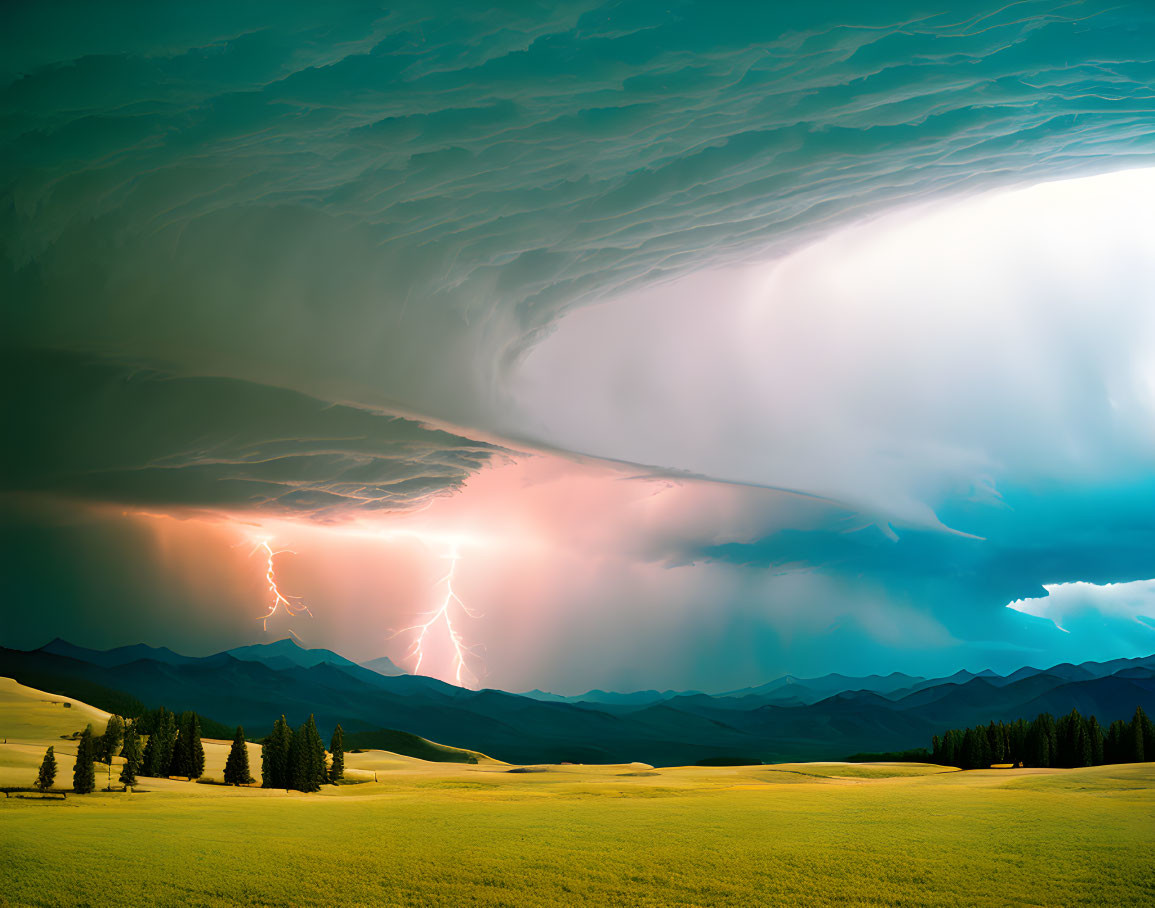 Storm with Lightning Strikes Over Serene Landscape