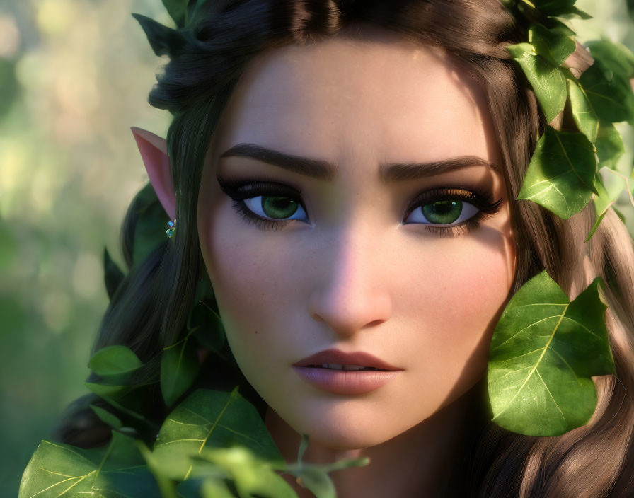 Female elf digital artwork: green-eyed, leafy crown, surrounded by foliage