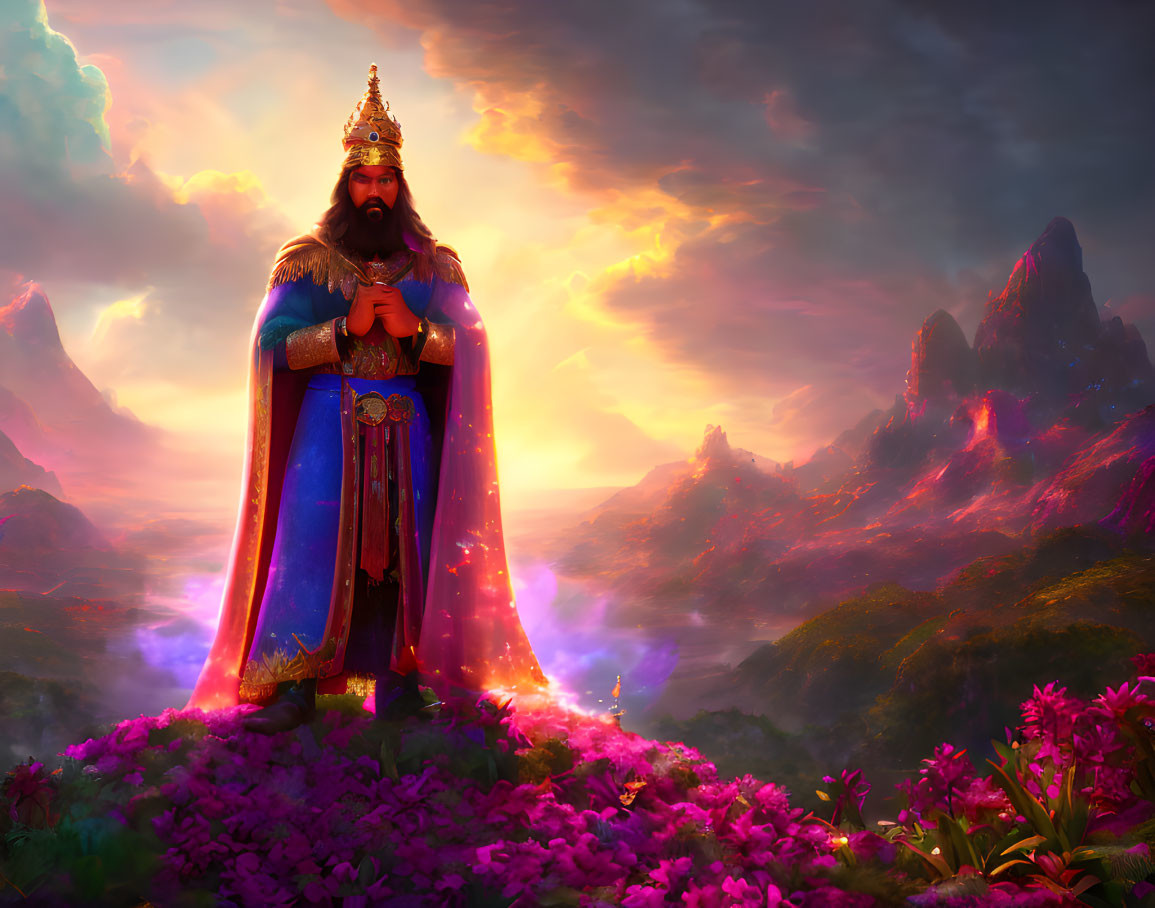 Regal king with sword in vibrant landscape
