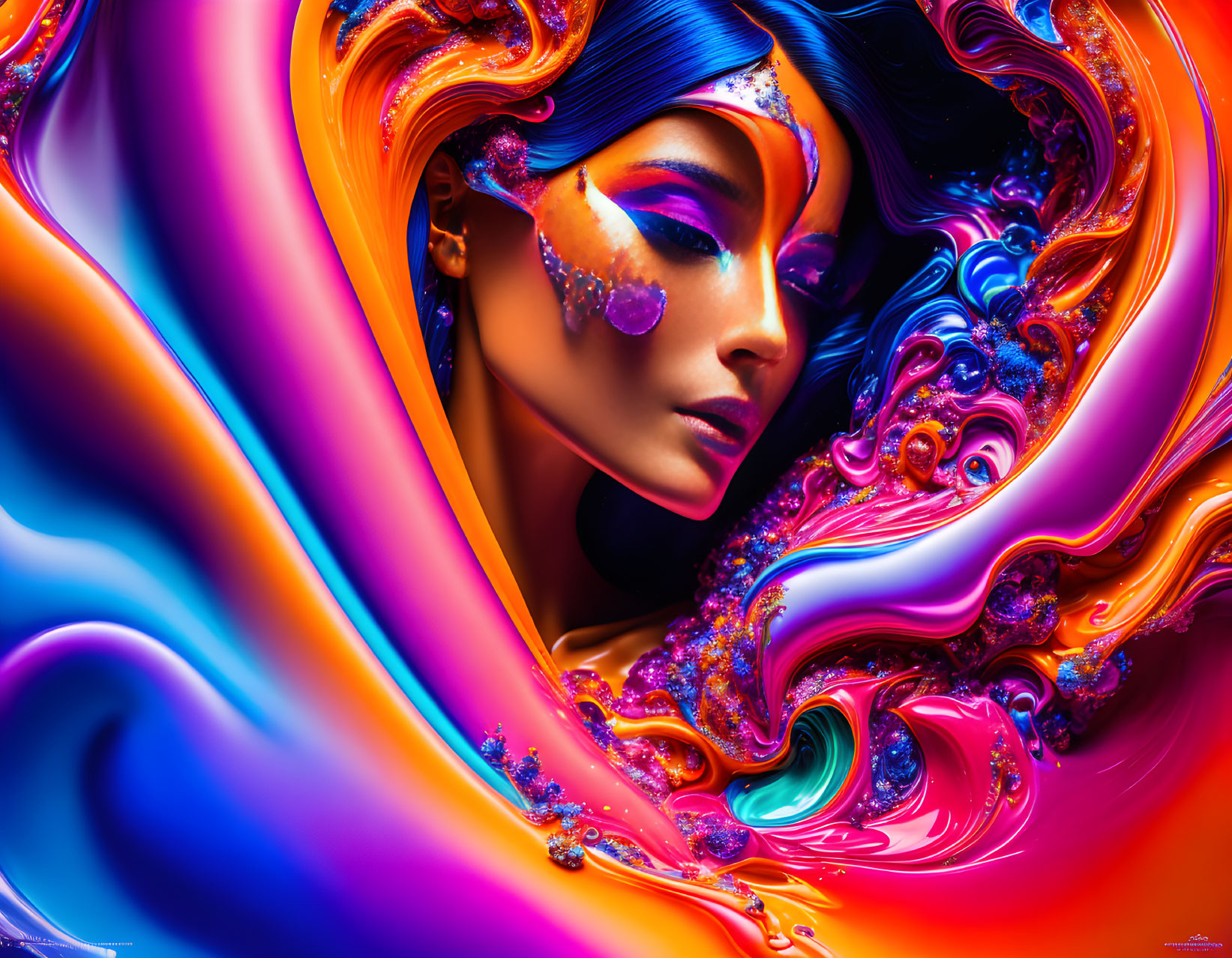 Vibrant digital artwork: Woman's portrait with swirling, glossy patterns