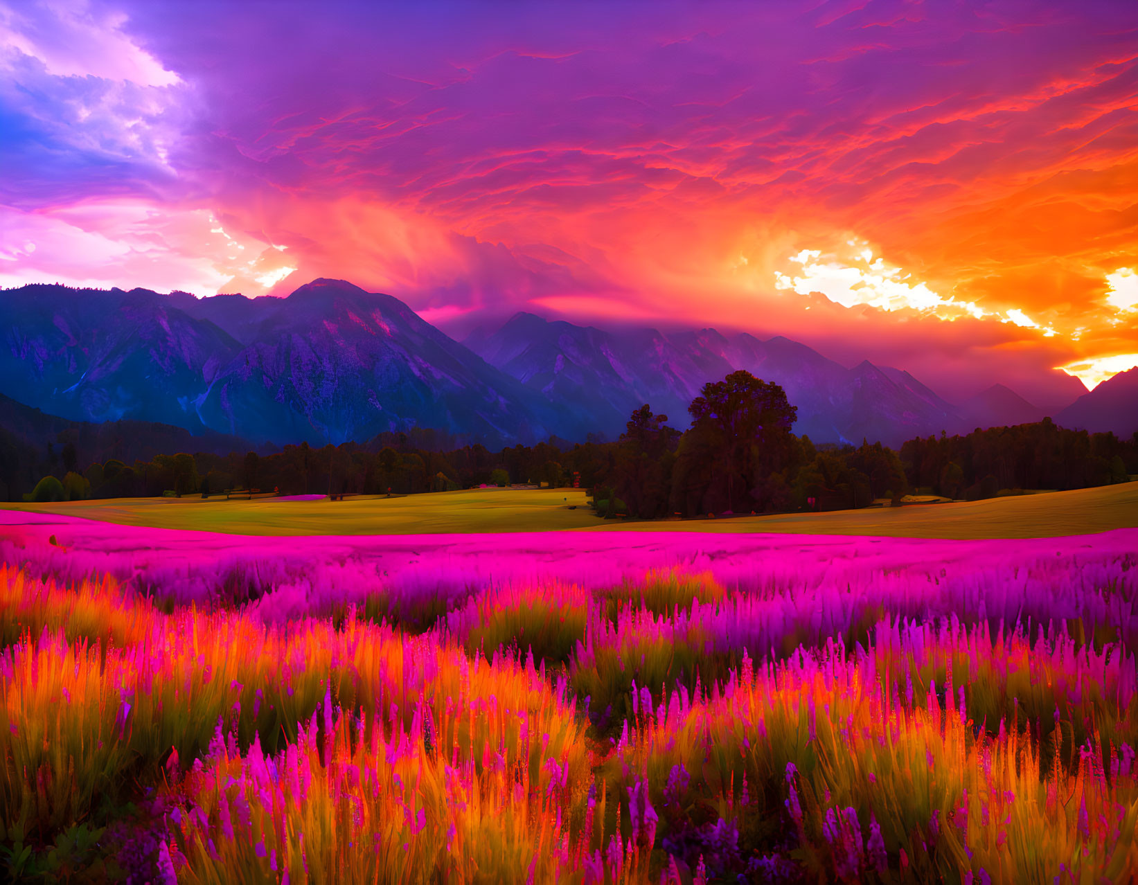 Scenic sunset over mountain range with purple flowers