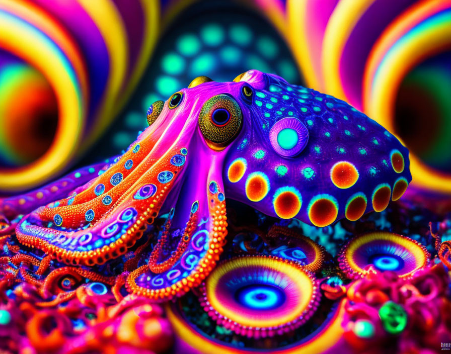 Colorful Octopus in Psychedelic Background with Swirling Patterns