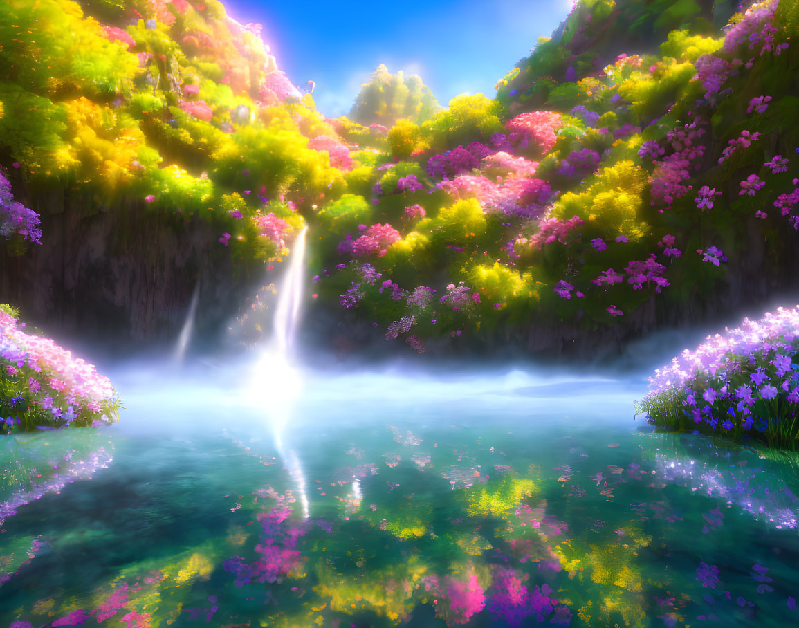 Tranquil pond with cascading waterfall and lush flora