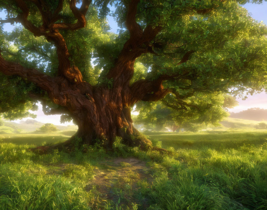 Majestic ancient tree with thick trunk and lush canopy in serene landscape