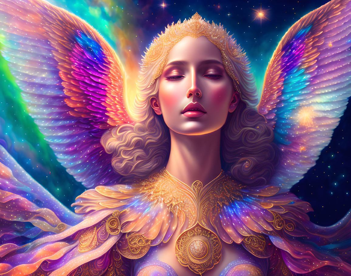 Vibrant woman portrait with multicolored wings and celestial background