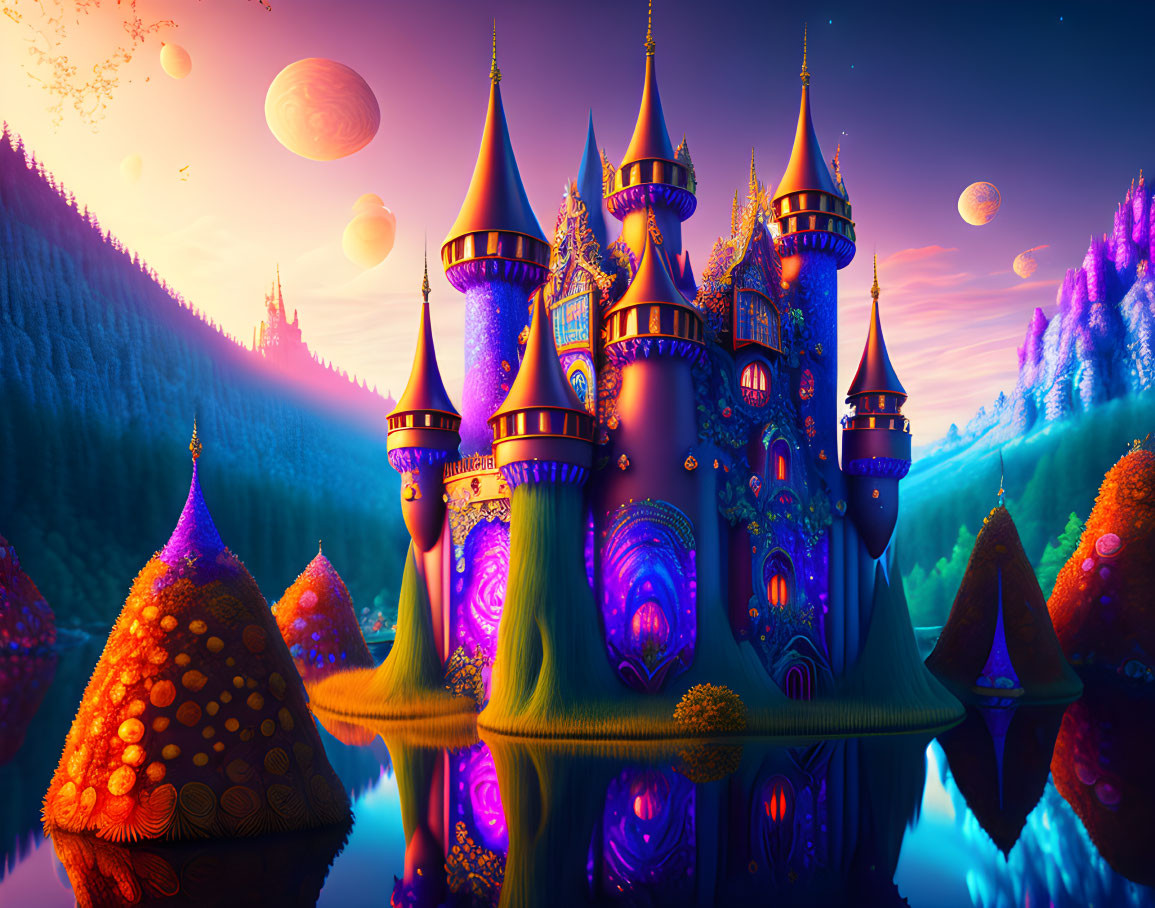 Fantasy castle with tall spires on an island under a purple sky.
