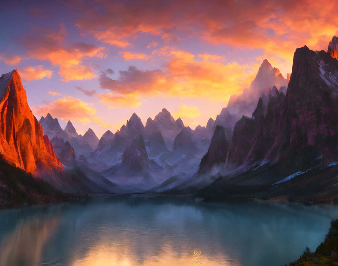 Serene lake reflects colorful sunset sky and misty mountains