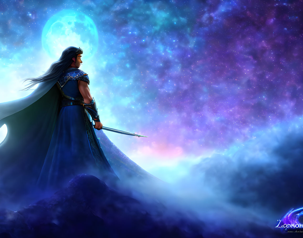 Warrior with sword under glowing moon in mystical starry sky