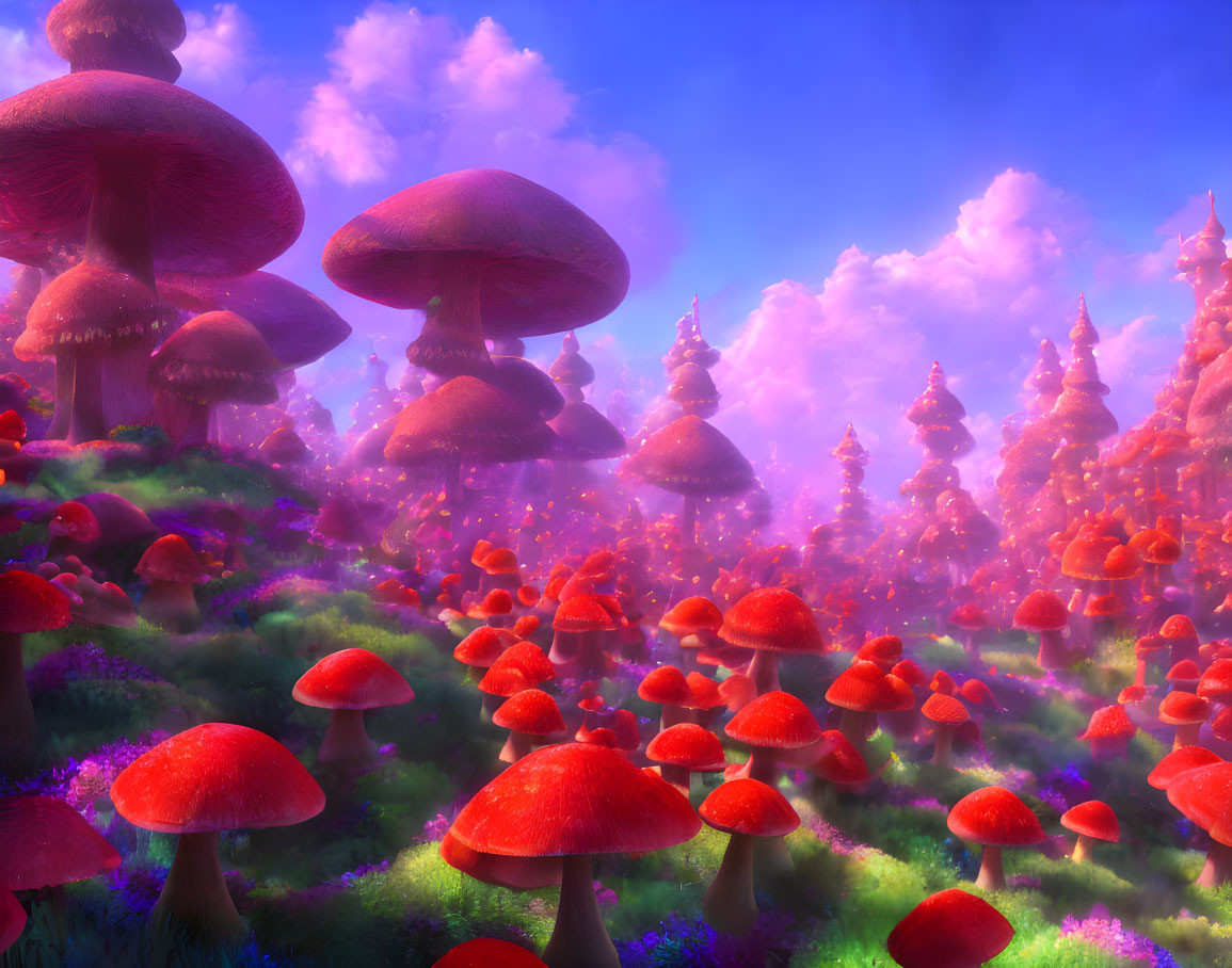 Fantastical landscape with oversized red-capped mushrooms in purple fog