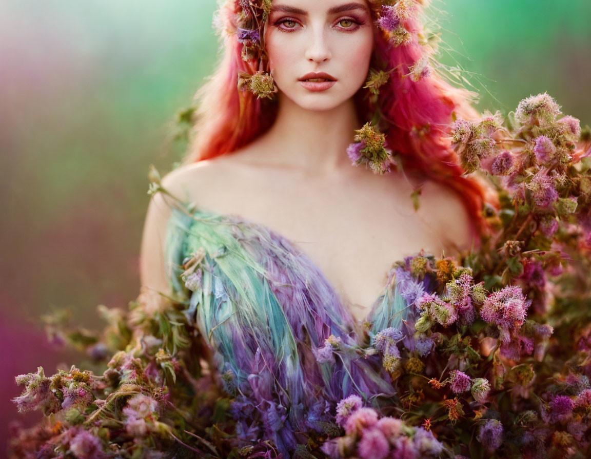 Woman adorned with florals and feathers in soft-focus natural setting