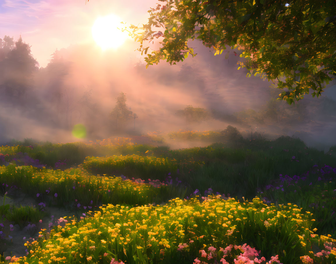 Mystical sunrise over vibrant flower meadow with soft mist