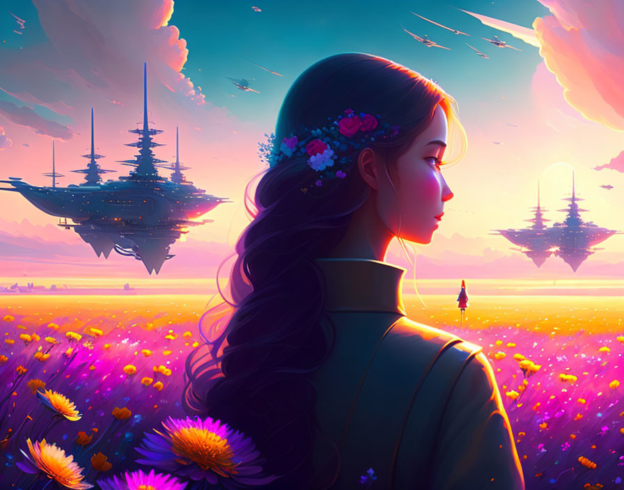 Woman observing surreal landscape with floating ships and vibrant flower field