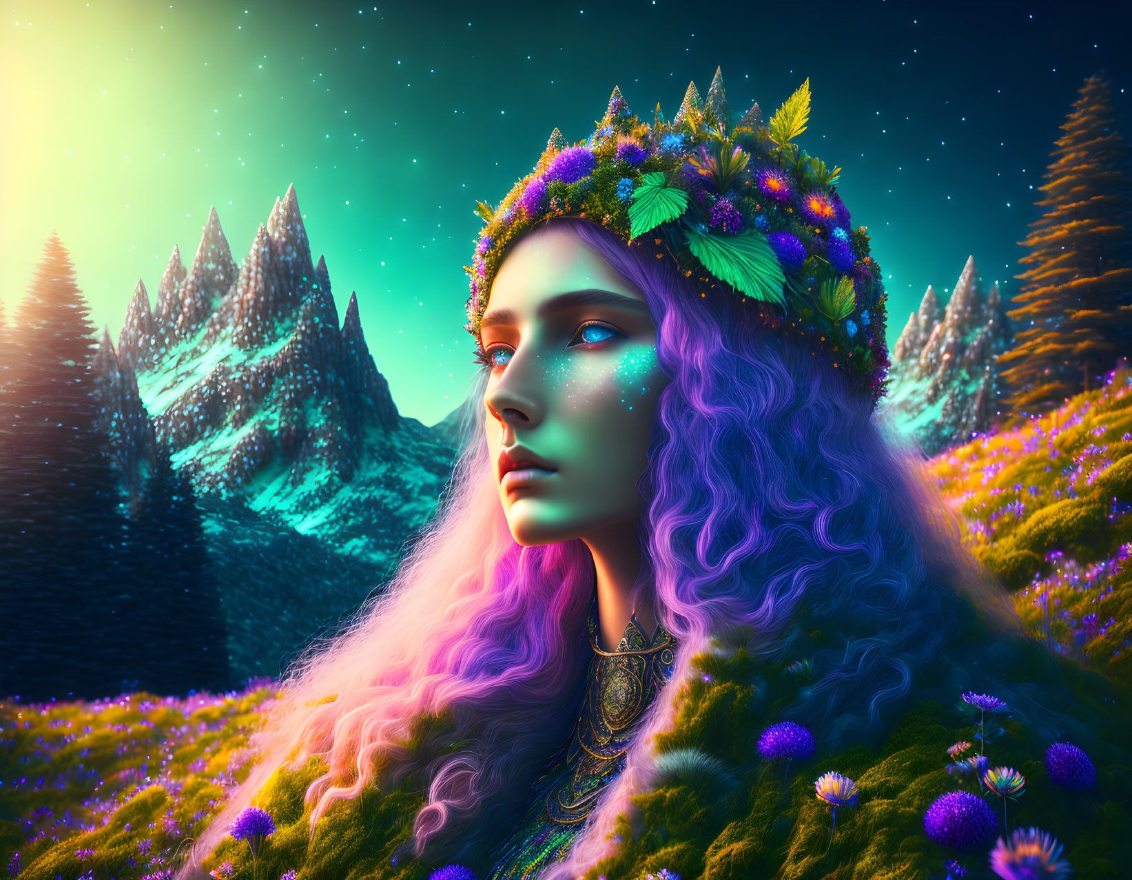 Fantasy portrait of woman with purple hair in floral crown against vivid starry landscape