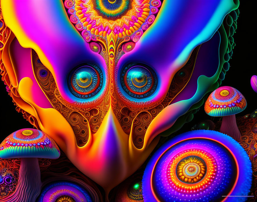 Colorful Psychedelic Artwork with Swirling Eye and Mushroom Patterns