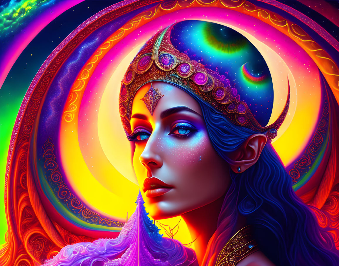 Colorful illustration of woman with blue skin and golden headpiece in cosmic swirls
