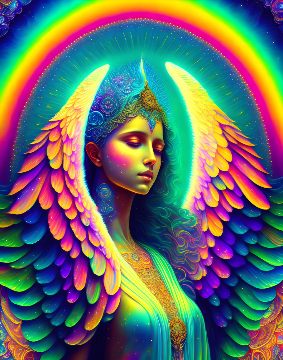Colorful artwork: mystical figure with rainbow wings and serene expression